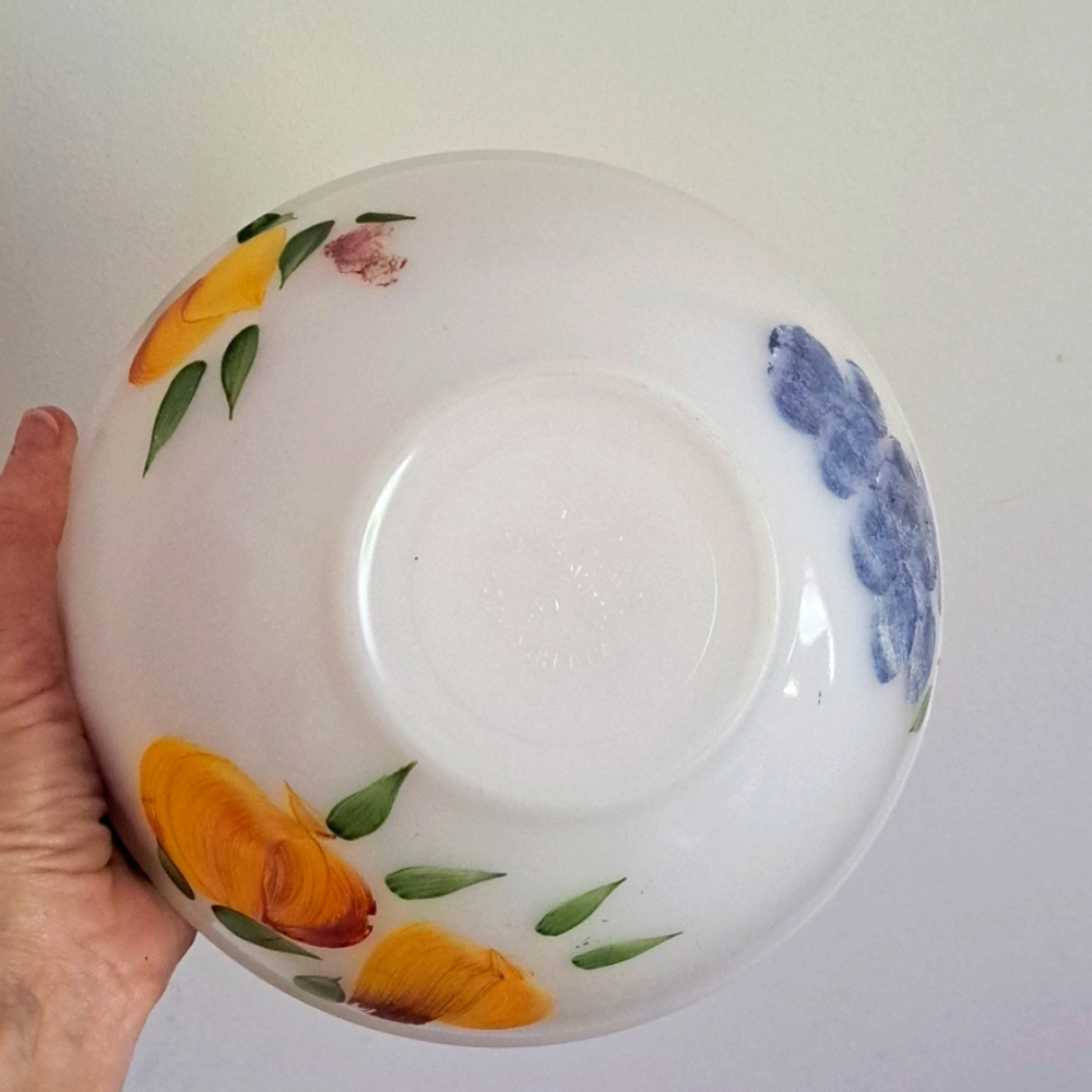 Anchor Hocking Fire King Lg Bowl Hand Painted Grapes/Peaches/Pear